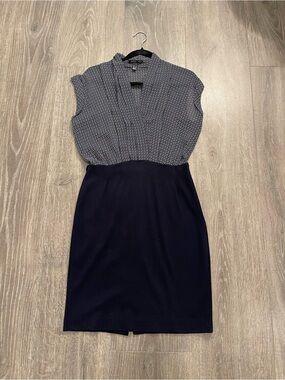 Mango Suit Cap-Sleeve Navy and White Patterned Sheath Dress